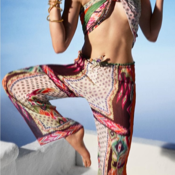 Zara Pants - ZARA Printed Wide Leg Pants Color-White/Green/Orange Size-XL NWT